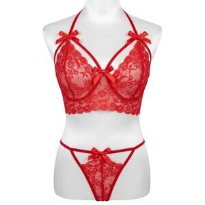 Flatter Me Lipstick Red Lace 2-Piece Crotchless Sexy Lingerie Set sz XXL NEW Tag